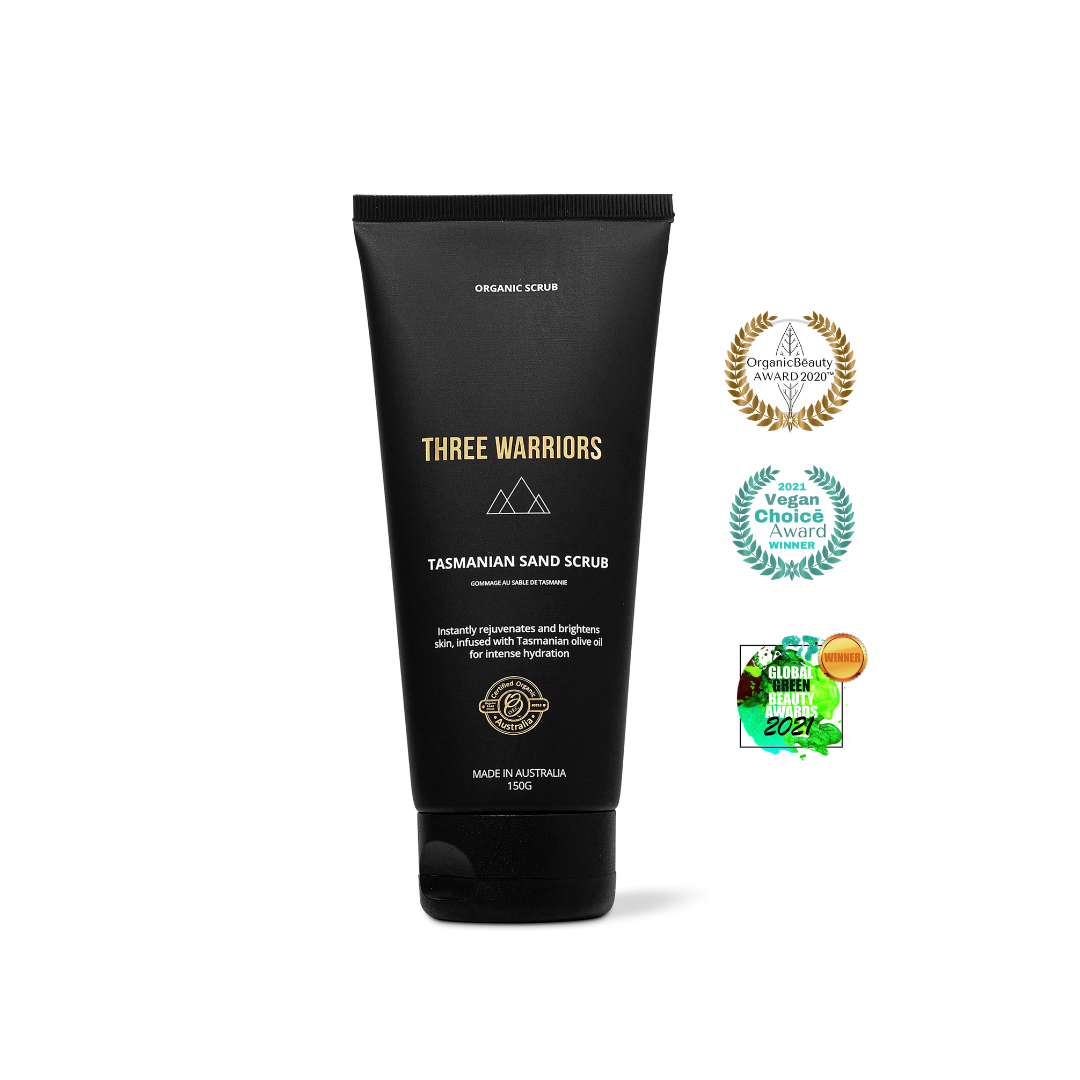 Three warriors exfoliating tasmanian sand scrub with organic beauty award logo and vegan choice award logo winner, a global green beauty award winner. 