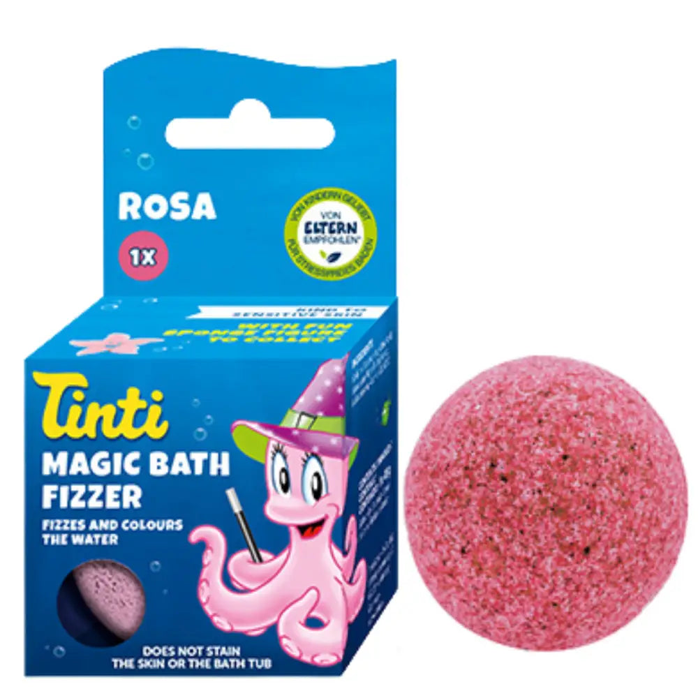 Pink bath fizzer ball with octopus-themed packaging.