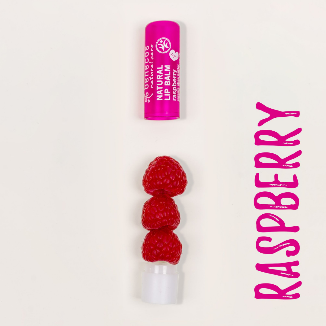 benecos natural lipbalm raspberry key ingredient, rasperries